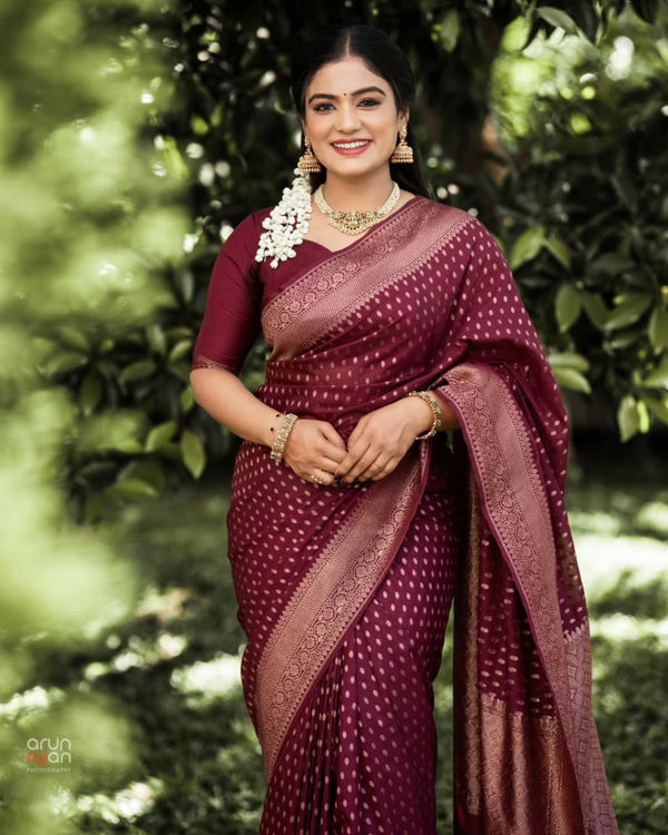 Shaambhavi – Maroon Banarasi Silk Saree with Traditional Woven Pallu & Border