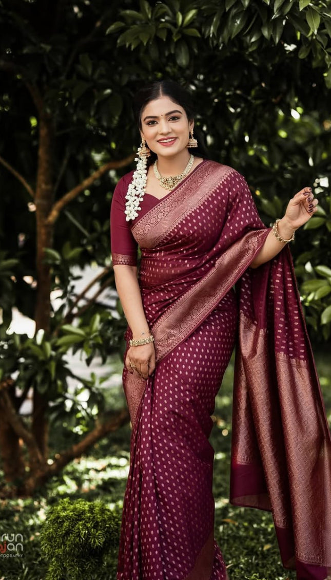 Shaambhavi – Maroon Banarasi Silk Saree with Traditional Woven Pallu & Border