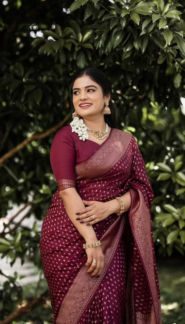 Shaambhavi – Maroon Banarasi Silk Saree with Traditional Woven Pallu & Border
