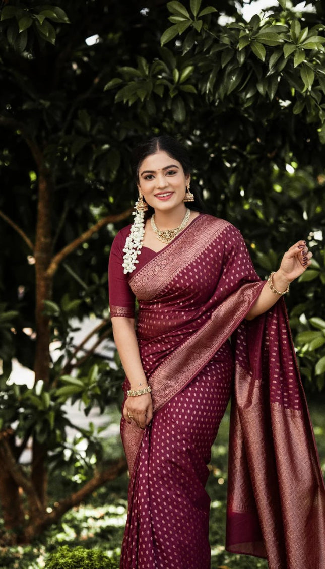 Shaambhavi – Maroon Banarasi Silk Saree with Traditional Woven Pallu & Border