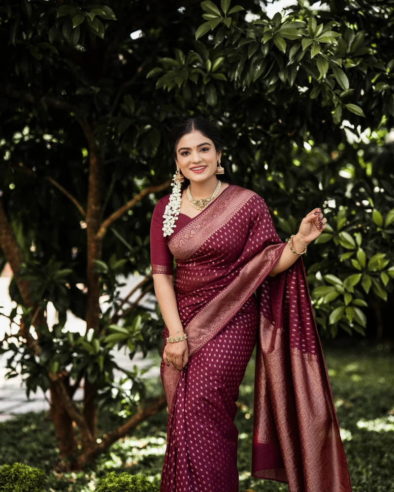 Shaambhavi – Maroon Banarasi Silk Saree with Traditional Woven Pallu & Border