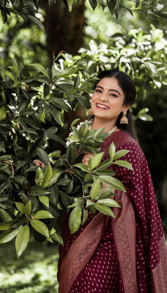 Shaambhavi – Maroon Banarasi Silk Saree with Traditional Woven Pallu & Border