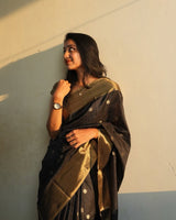 Lalima - Black Cotton Silk Saree with Zari Dot Weave and Gold Border
