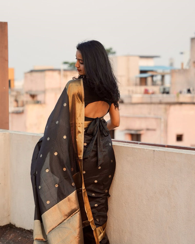 Lalima - Black Cotton Silk Saree with Zari Dot Weave and Gold Border
