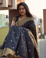 Lalima - Black Cotton Silk Saree with Zari Dot Weave and Gold Border