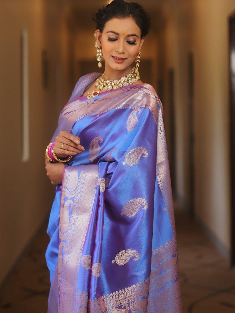 Vijayalakshmi - Blue Kanjivaram Silk Saree with Gold Paisley Zari Border