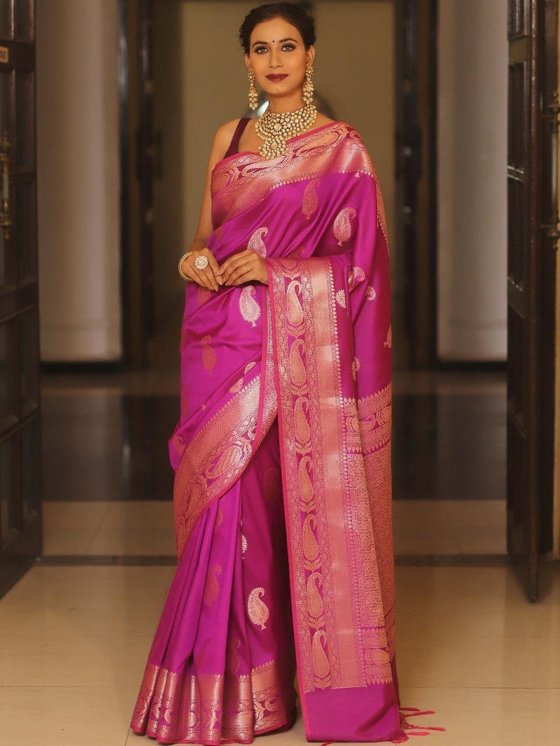 Vijayalakshmi - Pink Kanjivaram Silk Saree with Gold Paisley Zari Border