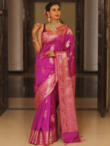 Vijayalakshmi - Pink Kanjivaram Silk Saree with Gold Paisley Zari Border