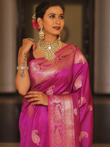 Vijayalakshmi - Pink Kanjivaram Silk Saree with Gold Paisley Zari Border