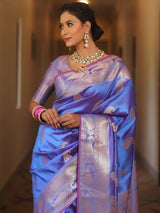 Vijayalakshmi - Blue Kanjivaram Silk Saree with Gold Paisley Zari Border