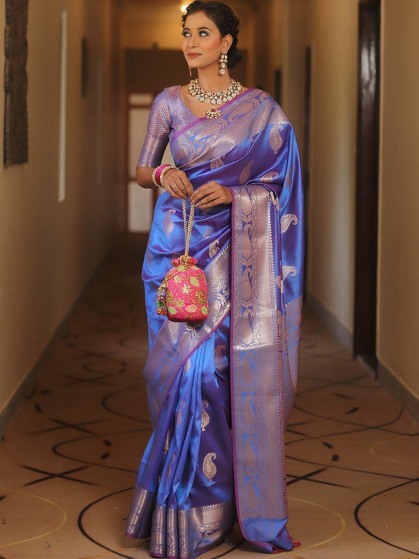 Vijayalakshmi - Blue Kanjivaram Silk Saree with Gold Paisley Zari Border