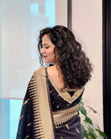 Meenakshi - Black Cotton Silk Saree with Gold Butta Weave and Contrast Border