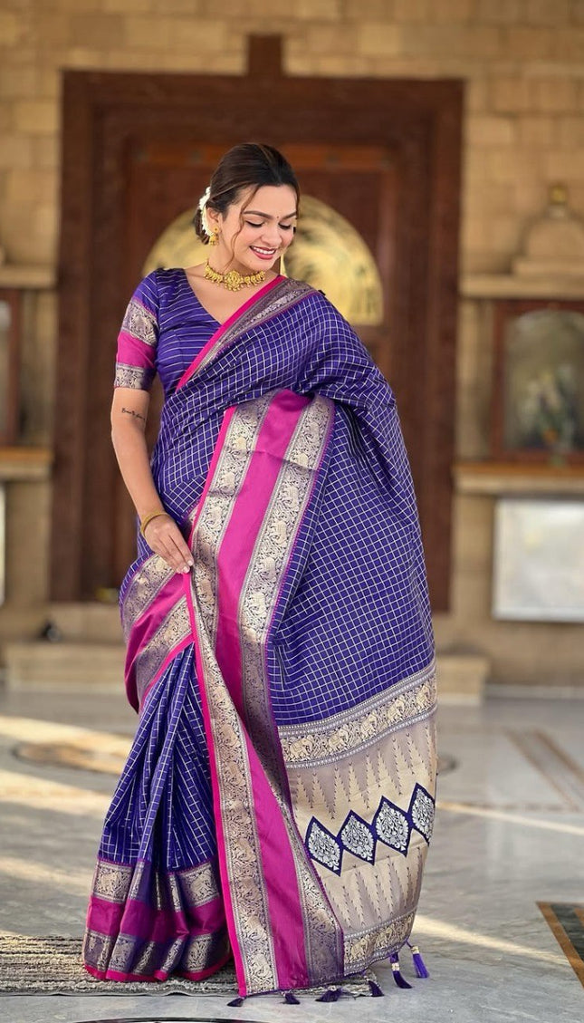 Vaishnavi - Purple Kanjivaram Silk Saree with Silver Zari Checked Pattern