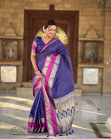 Vaishnavi - Purple Kanjivaram Silk Saree with Silver Zari Checked Pattern