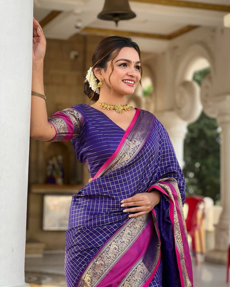 Vaishnavi - Purple Kanjivaram Silk Saree with Silver Zari Checked Pattern