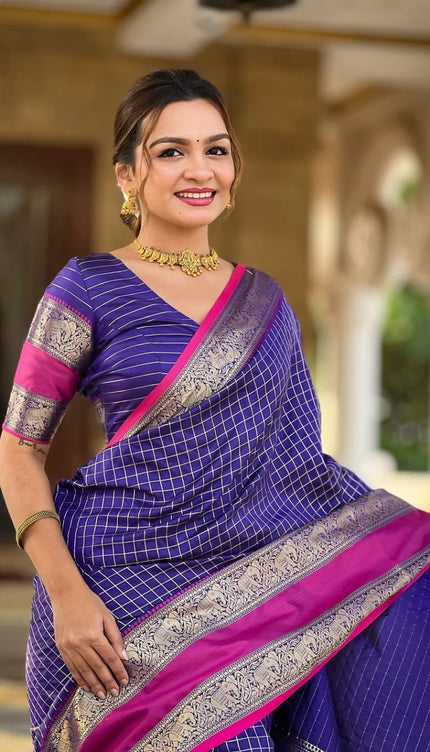 Vaishnavi - Purple Kanjivaram Silk Saree with Silver Zari Checked Pattern