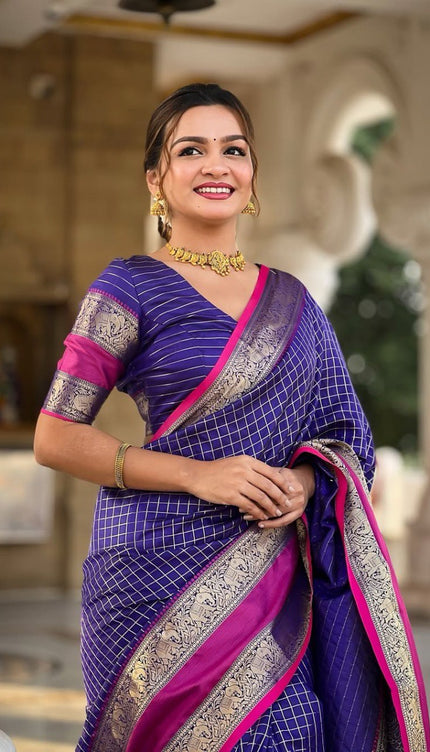 Vaishnavi - Purple Kanjivaram Silk Saree with Silver Zari Checked Pattern