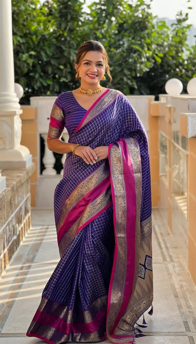 Vaishnavi - Purple Kanjivaram Silk Saree with Silver Zari Checked Pattern