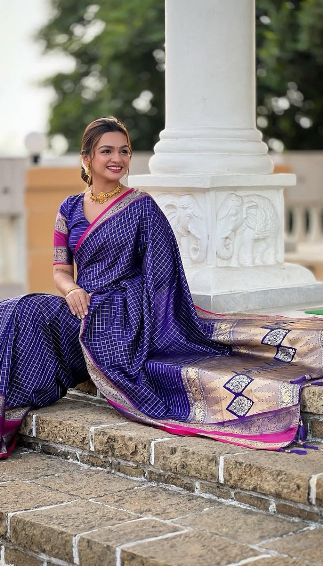 Vaishnavi - Purple Kanjivaram Silk Saree with Silver Zari Checked Pattern