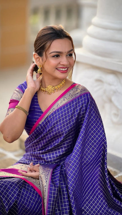 Vaishnavi - Purple Kanjivaram Silk Saree with Silver Zari Checked Pattern