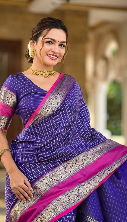 Vaishnavi - Purple Kanjivaram Silk Saree with Silver Zari Checked Pattern
