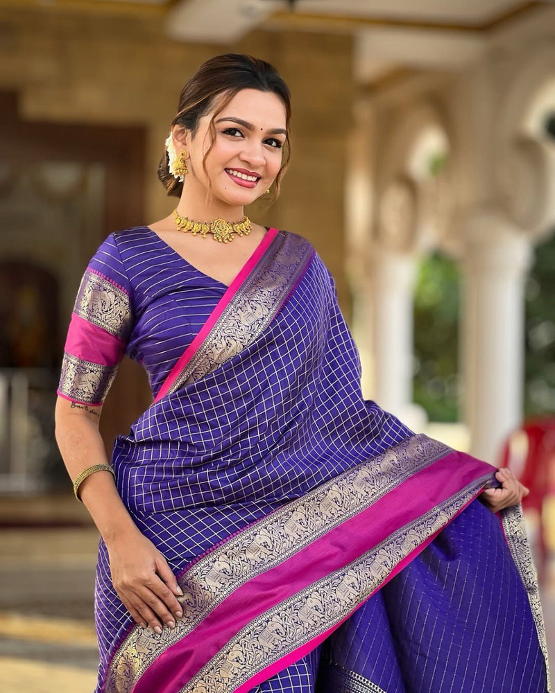 Vaishnavi - Purple Kanjivaram Silk Saree with Silver Zari Checked Pattern