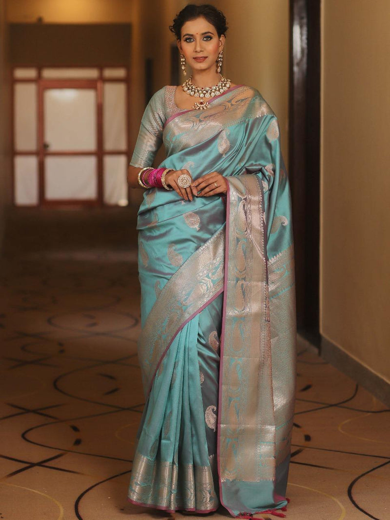 Vimla - Sky Blue Banarasi Silk Saree with Golden Paisley Weaving