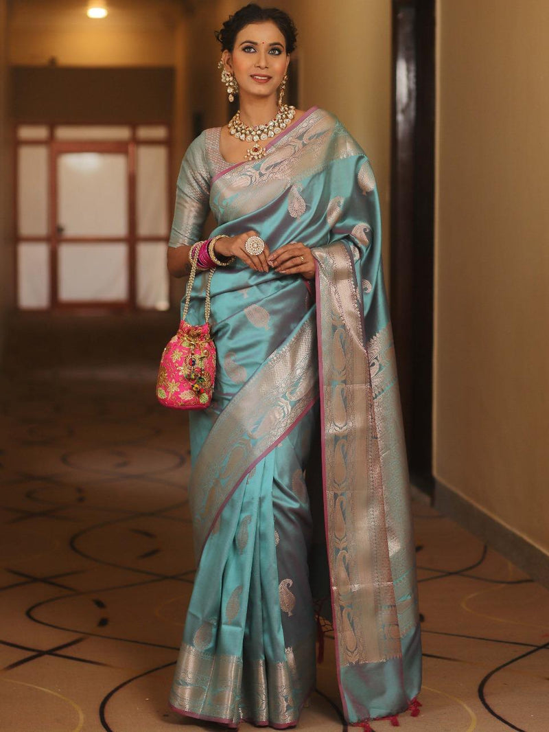 Vimla - Sky Blue Banarasi Silk Saree with Golden Paisley Weaving