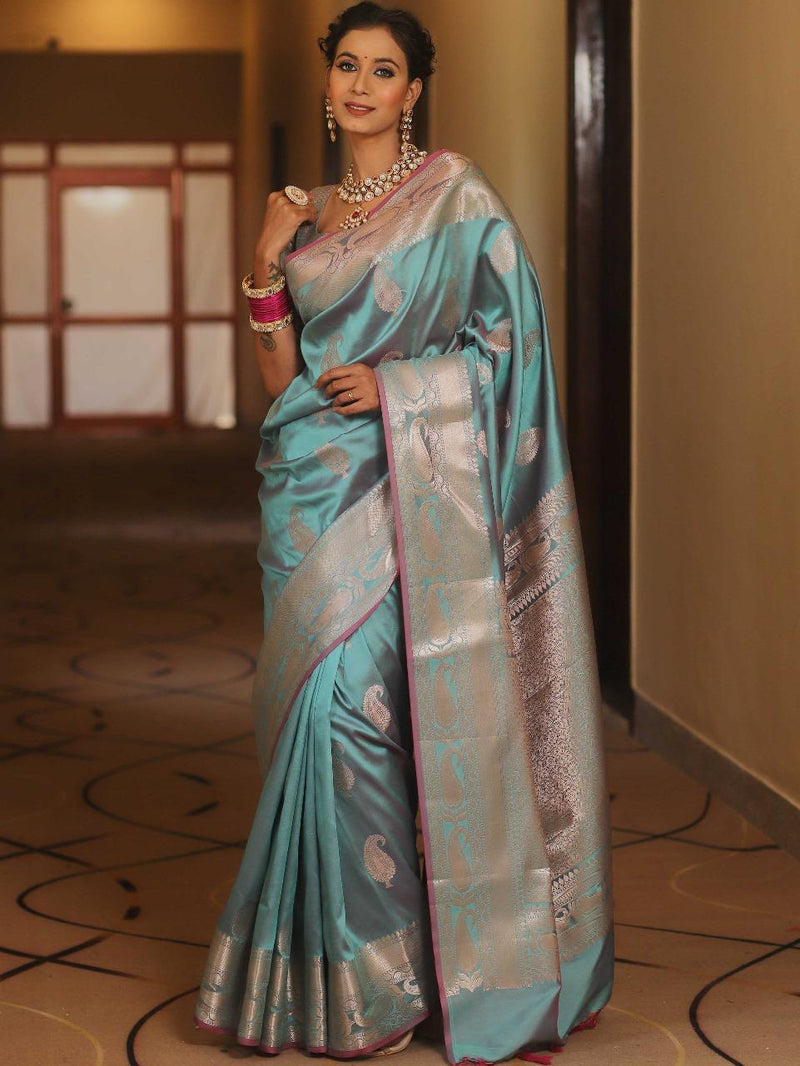 Vimla - Sky Blue Banarasi Silk Saree with Golden Paisley Weaving