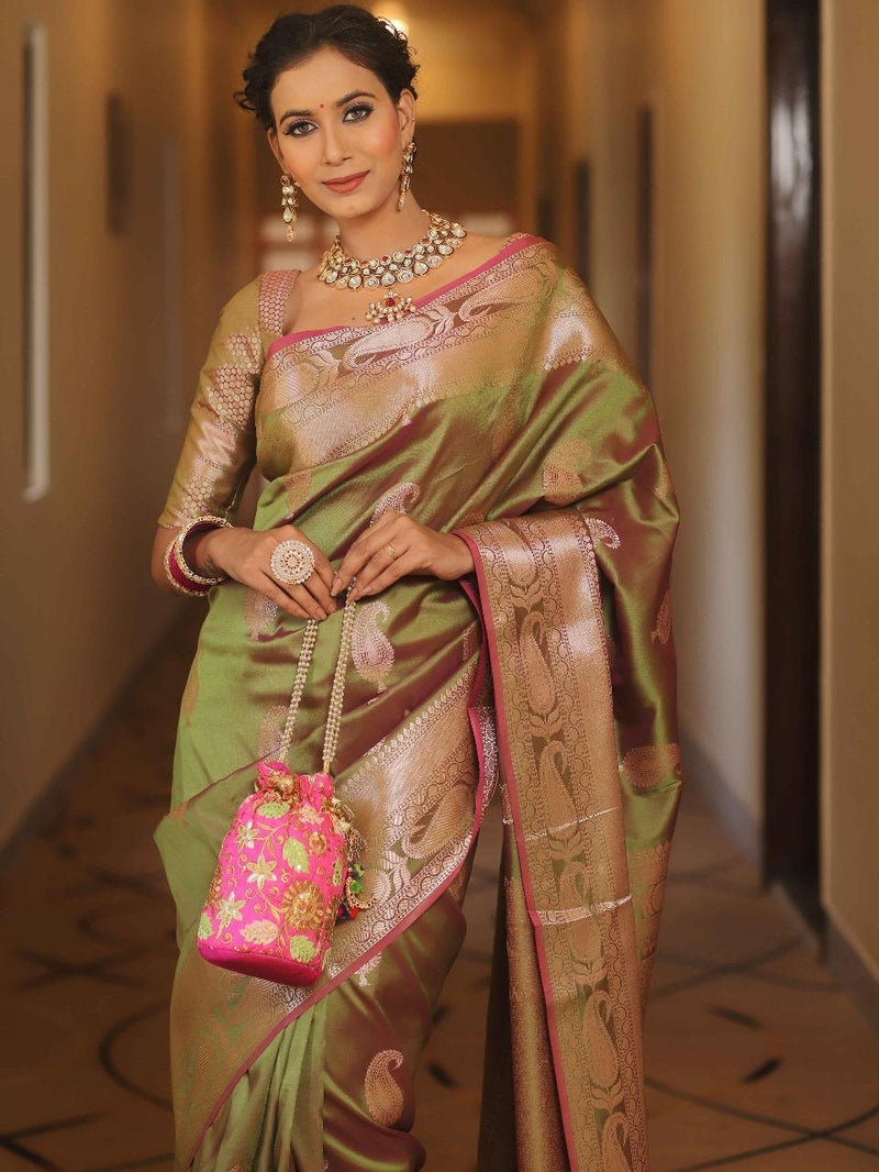 Vimla - Green Banarasi Silk Saree with Golden Paisley Weaving