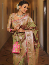 Vimla - Green Banarasi Silk Saree with Golden Paisley Weaving