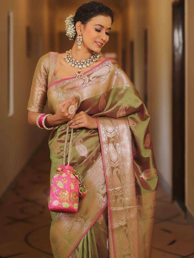 Vimla - Green Banarasi Silk Saree with Golden Paisley Weaving