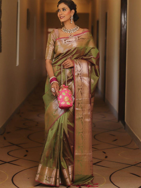 Vimla - Green Banarasi Silk Saree with Golden Paisley Weaving