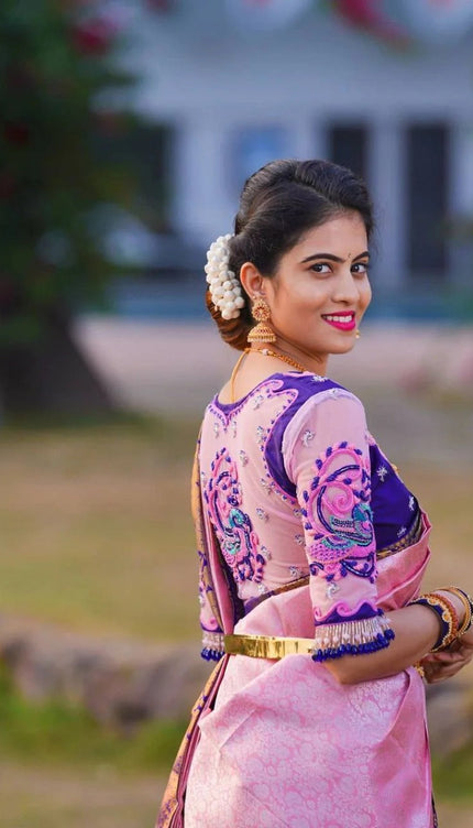 Bhagyashri – Pink Soft Banarasi Silk Saree with Jacquard Work and Contrast Embroidered Blouse