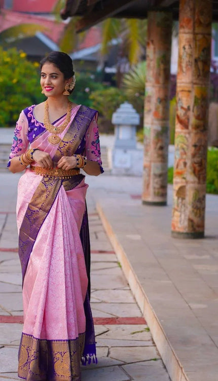 Bhagyashri – Pink Soft Banarasi Silk Saree with Jacquard Work and Contrast Embroidered Blouse