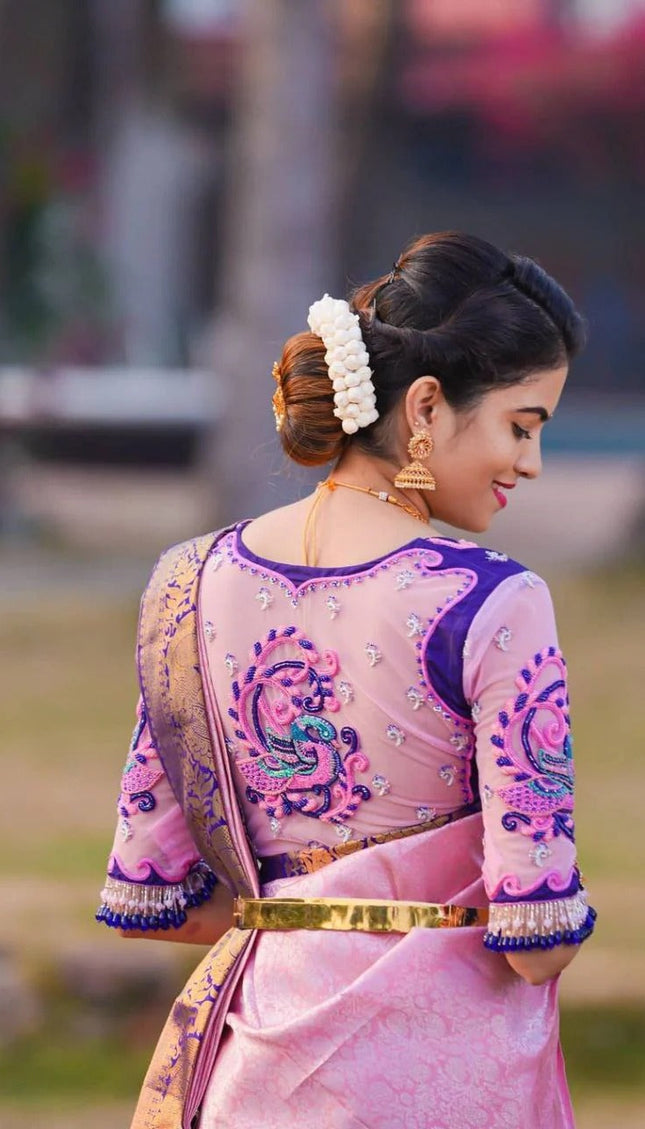 Bhagyashri – Pink Soft Banarasi Silk Saree with Jacquard Work and Contrast Embroidered Blouse