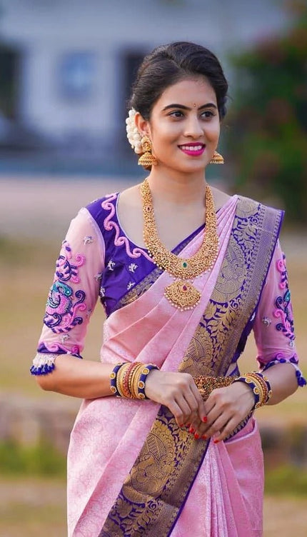 Bhagyashri – Pink Soft Banarasi Silk Saree with Jacquard Work and Contrast Embroidered Blouse