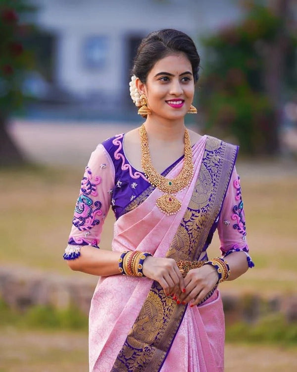 Bhagyashri – Pink Soft Banarasi Silk Saree with Jacquard Work and Contrast Embroidered Blouse