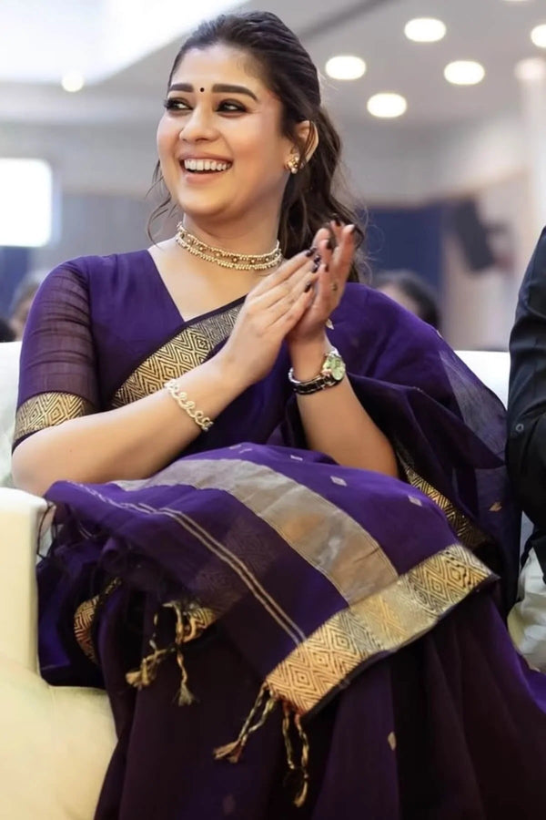 Sulochana – Purple Pure Linen Silk Saree with Zari Weaving