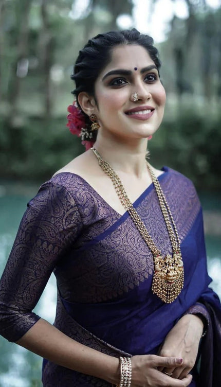 Nayira - Navy Blue Soft Silk Saree with Silver Zari Border and Matching Blouse