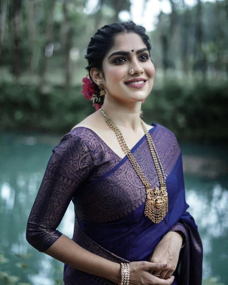 Nayira - Navy Blue Soft Silk Saree with Silver Zari Border and Matching Blouse