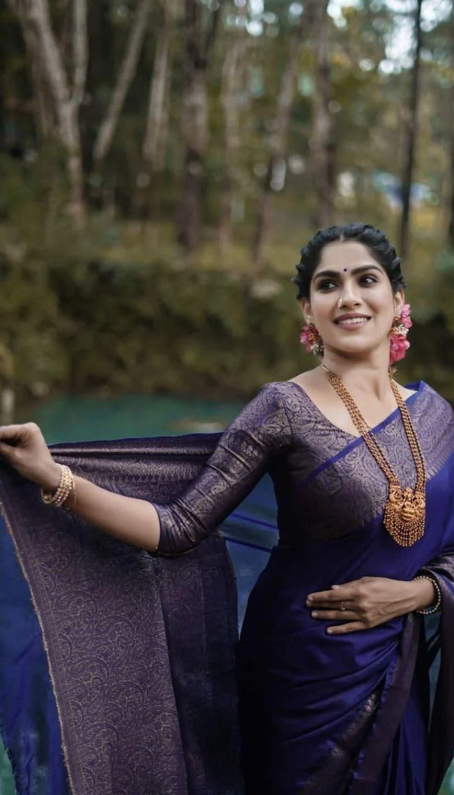 Nayira - Navy Blue Soft Silk Saree with Silver Zari Border and Matching Blouse