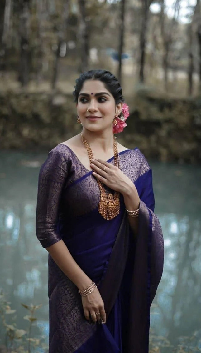 Nayira - Navy Blue Soft Silk Saree with Silver Zari Border and Matching Blouse