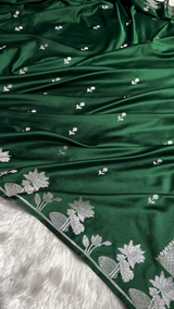 Emerald Green Satin Silk Saree with Silver Floral Zari Border