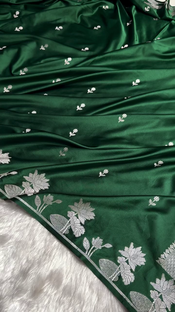 Emerald Green Satin Silk Saree with Silver Floral Zari Border
