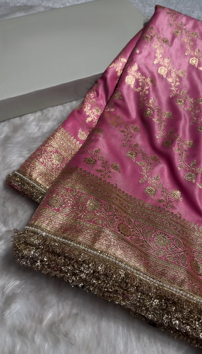 Blush Pink Banarasi Silk Saree with Golden Zari Floral Weaving & Fancy Lace Border