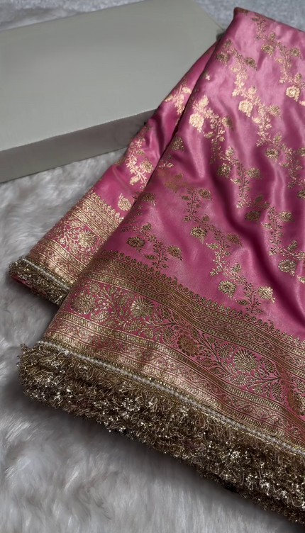 Blush Pink Banarasi Silk Saree with Golden Zari Floral Weaving & Fancy Lace Border