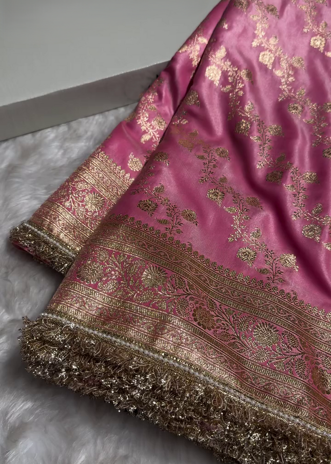 Blush Pink Banarasi Silk Saree with Golden Zari Floral Weaving & Fancy Lace Border