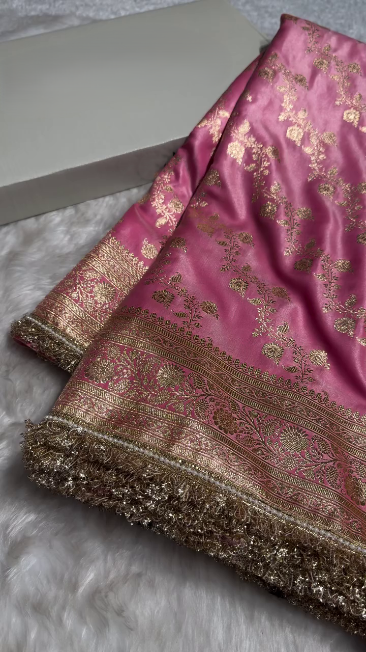 Luxury Pink Banarasi Silk Saree with Heavy Zari Weaving & Designer Fringe Border