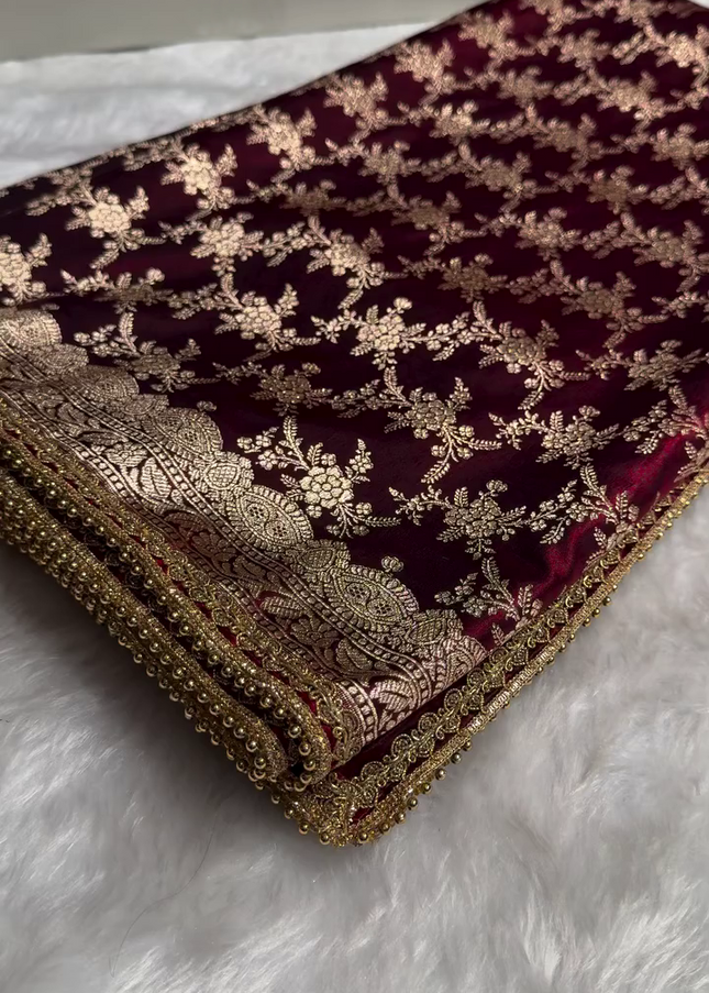 Maroon Velvet Saree with Heavy Golden Zari Embroidery & Beaded Lace Border